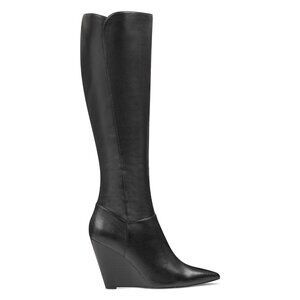 NINE WEST - VARIN, Black REAL leather knee high boots, 3.5" wedge heel, SZ 7